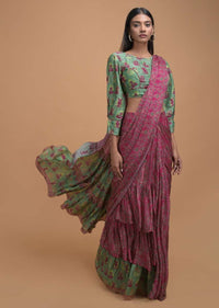 Magenta And Green Ready Pleated Ruffle Saree In Crepe Enhanced With Floral And Moroccan Print Online - Kalki Fashion