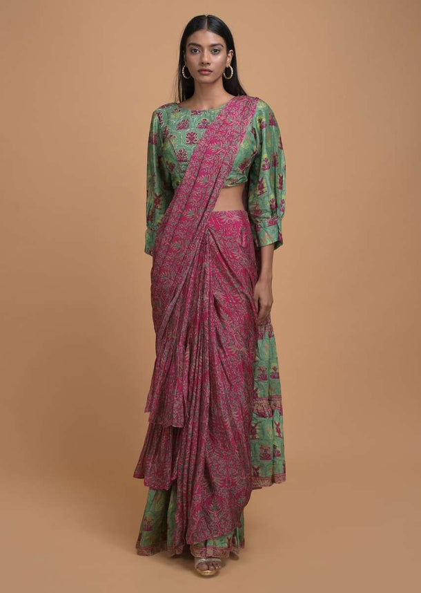 Magenta And Green Ready Pleated Ruffle Saree In Crepe Enhanced With Floral And Moroccan Print Online - Kalki Fashion