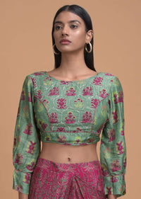 Magenta And Green Ready Pleated Ruffle Saree In Crepe Enhanced With Floral And Moroccan Print Online - Kalki Fashion