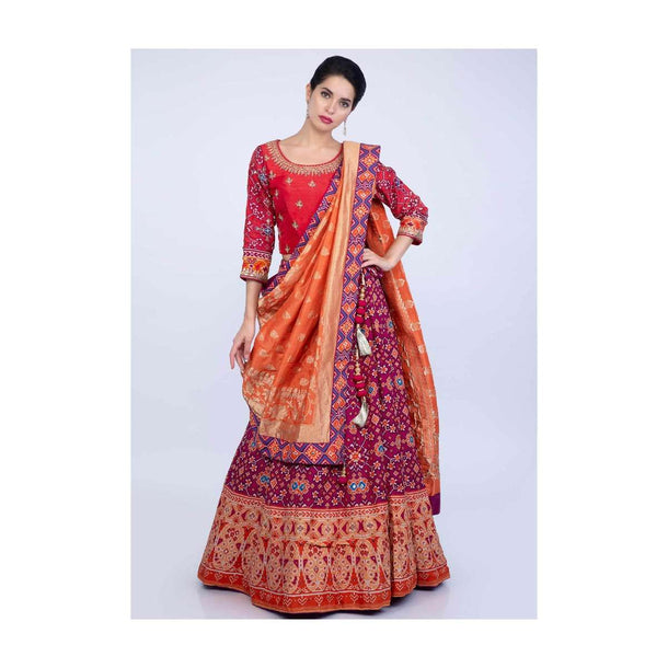 Magenta And Orange Lehenga And Blouse With Shaded Patola Print And Orange Brocade Silk Dupatta Online - Kalki Fashion