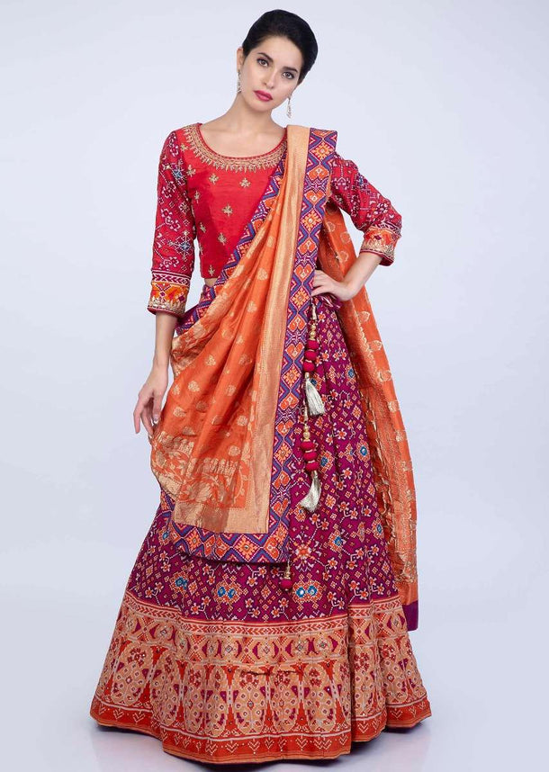 Magenta And Orange Lehenga And Blouse With Shaded Patola Print And Orange Brocade Silk Dupatta Online - Kalki Fashion