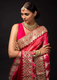 Magenta And Orange Two Toned Saree In Silk With Ikkat Weaved Buttis And Embroidery Work Online - Kalki Fashion