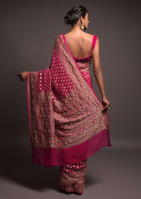 Magenta Banarasi Saree In Georgette With Weaved Buttis And Stone Work