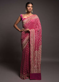 Magenta Banarasi Saree In Georgette With Weaved Buttis And Stone Work