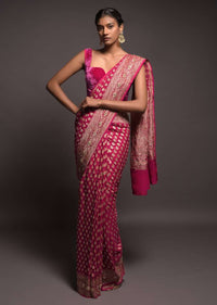 Magenta Banarasi Saree In Georgette With Weaved Buttis And Stone Work