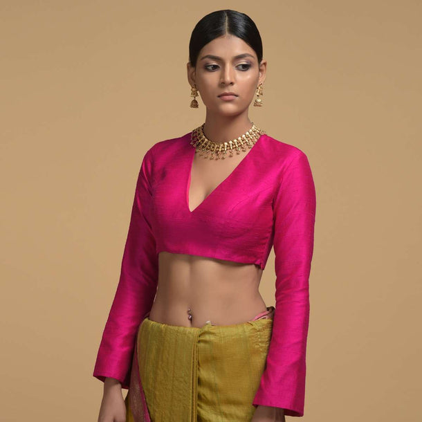 Magenta Blouse In Raw Silk WIth V Neckline And Full Sleeves