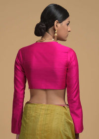 Magenta Blouse In Raw Silk WIth V Neckline And Full Sleeves