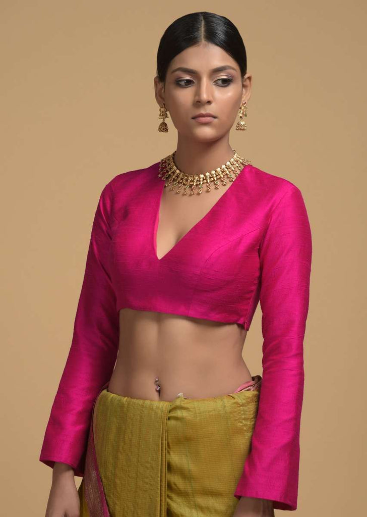 Magenta Blouse In Raw Silk WIth V Neckline And Full Sleeves