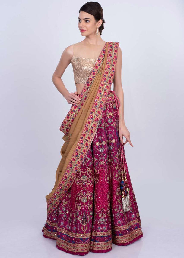 Magenta cotton silk printed lehenga with dark beige silk dupatta only on Kalki