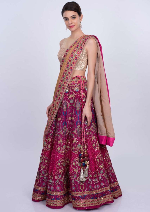 Magenta cotton silk printed lehenga with dark beige silk dupatta only on Kalki