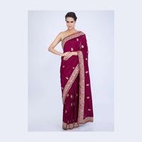 Magenta cotton silk saree with embroidered butti and border only on Kalki