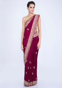 Magenta cotton silk saree with embroidered butti and border only on Kalki