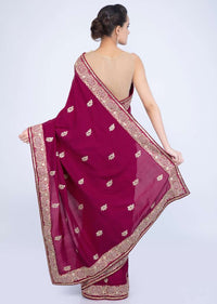 Magenta cotton silk saree with embroidered butti and border only on Kalki