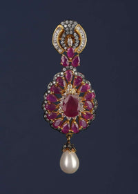 Magenta Crystal Studded Drop Shaped Danglers With Stones And Dangling Pearl Online - Kalki Fashion