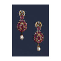 Magenta Crystal Studded Drop Shaped Danglers With Stones And Dangling Pearl Online - Kalki Fashion