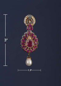 Magenta Crystal Studded Drop Shaped Danglers With Stones And Dangling Pearl Online - Kalki Fashion