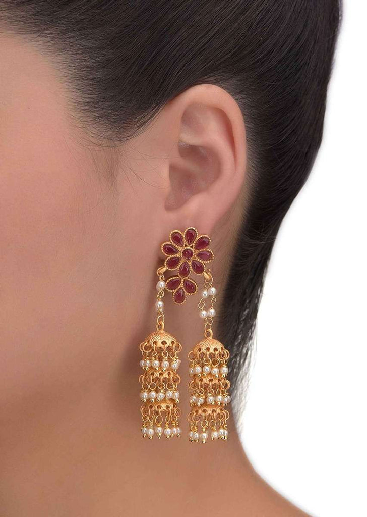 Magenta Crystal Studded Floral Earrings With Six Nano Jhumkas Online - Kalki Fashion