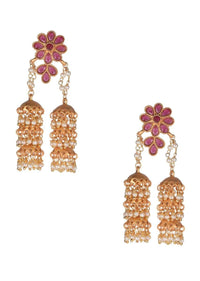 Magenta Crystal Studded Floral Earrings With Six Nano Jhumkas Online - Kalki Fashion