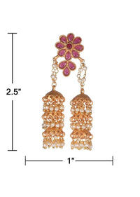 Magenta Crystal Studded Floral Earrings With Six Nano Jhumkas Online - Kalki Fashion