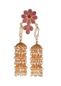 Magenta Crystal Studded Floral Earrings With Six Nano Jhumkas Online - Kalki Fashion