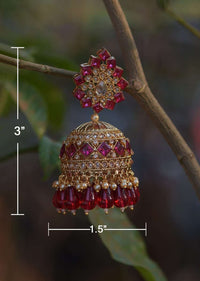 Magenta Crystals Studded Gold Plated Jhumkas With Dangling Beads Online - Kalki Fashion