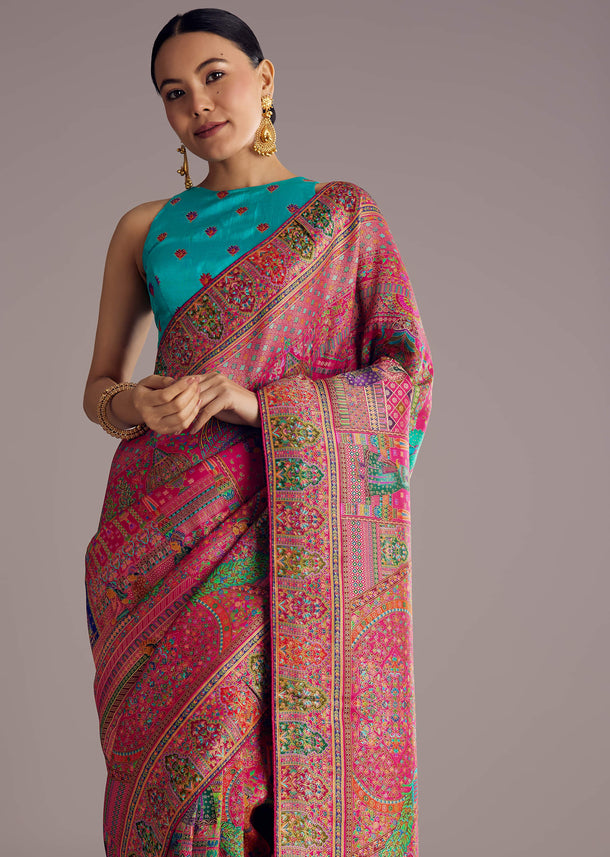 Magenta Dola Silk Saree With Traditional Prints