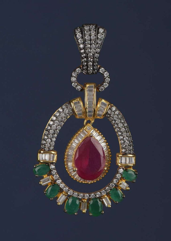 Magenta Drop Shaped Stone And Green Stone Studded Earrings In Oval Motif With Bugle Beads Online - Kalki Fashion