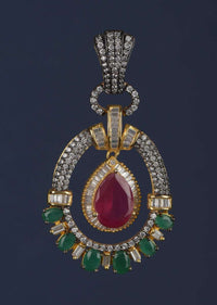 Magenta Drop Shaped Stone And Green Stone Studded Earrings In Oval Motif With Bugle Beads Online - Kalki Fashion