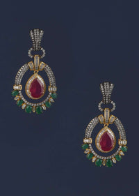 Magenta Drop Shaped Stone And Green Stone Studded Earrings In Oval Motif With Bugle Beads Online - Kalki Fashion