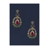 Magenta Drop Shaped Stone And Green Stone Studded Earrings In Oval Motif With Bugle Beads Online - Kalki Fashion