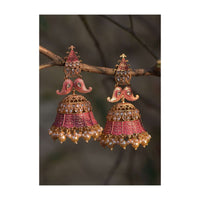 Magenta Ethnic Jhumkas With Carved Design Crystals And Dangling Pearls Online - Kalki Fashion