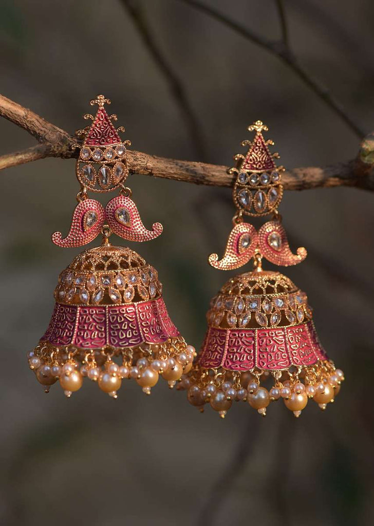 Magenta Ethnic Jhumkas With Carved Design Crystals And Dangling Pearls Online - Kalki Fashion