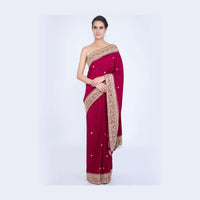 Magenta jute cotton saree with embroidered butti and border only on Kalki