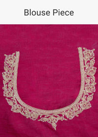 Magenta jute cotton saree with embroidered butti and border only on Kalki