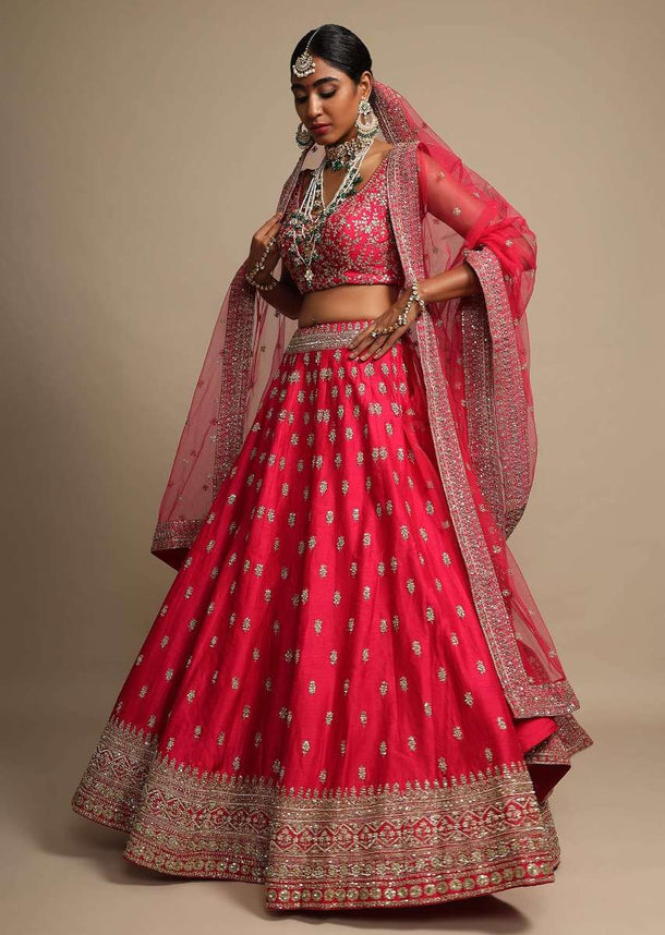 Magenta Lehenga Choli In Raw Silk With Zari Embroidered Elaborate Border And Butti Work