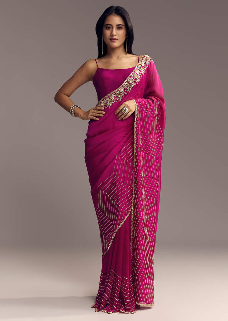 Magenta Organza Saree With Cut Dana And Sequin Embroidery