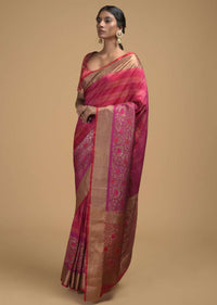 Magenta Pink Pure Handloom Saree In Tussar Silk With Stripes And Woven Floral Border Online - Kalki Fashion