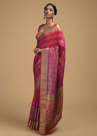 Magenta Pink Pure Handloom Saree In Tussar Silk With Stripes And Woven Floral Border Online - Kalki Fashion