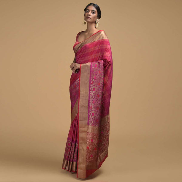 Magenta Pink Pure Handloom Saree In Tussar Silk With Stripes And Woven Floral Border Online - Kalki Fashion