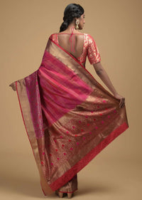 Magenta Pink Pure Handloom Saree In Tussar Silk With Stripes And Woven Floral Border Online - Kalki Fashion