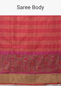 Magenta Pink Pure Handloom Saree In Tussar Silk With Stripes And Woven Floral Border Online - Kalki Fashion