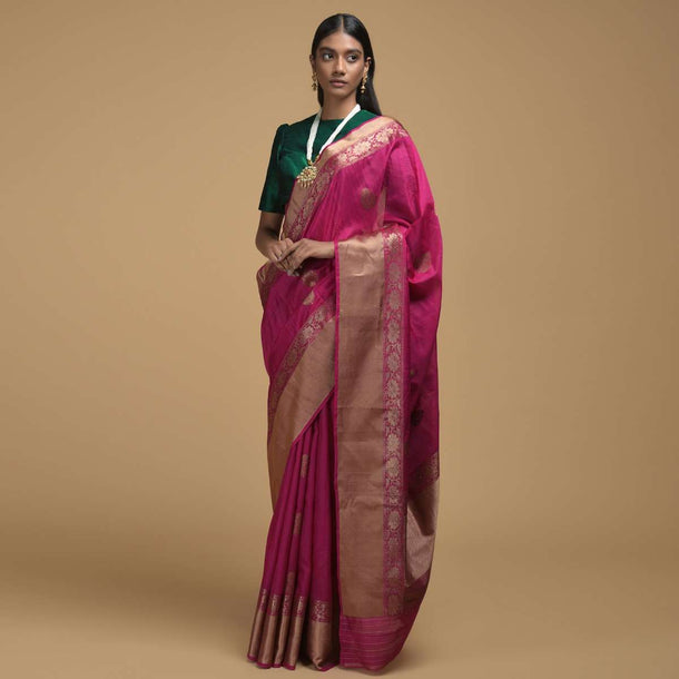 Magenta Pink Pure Handloom Saree In Tussar Silk With Woven Floral Buttis And Border Online - Kalki Fashion