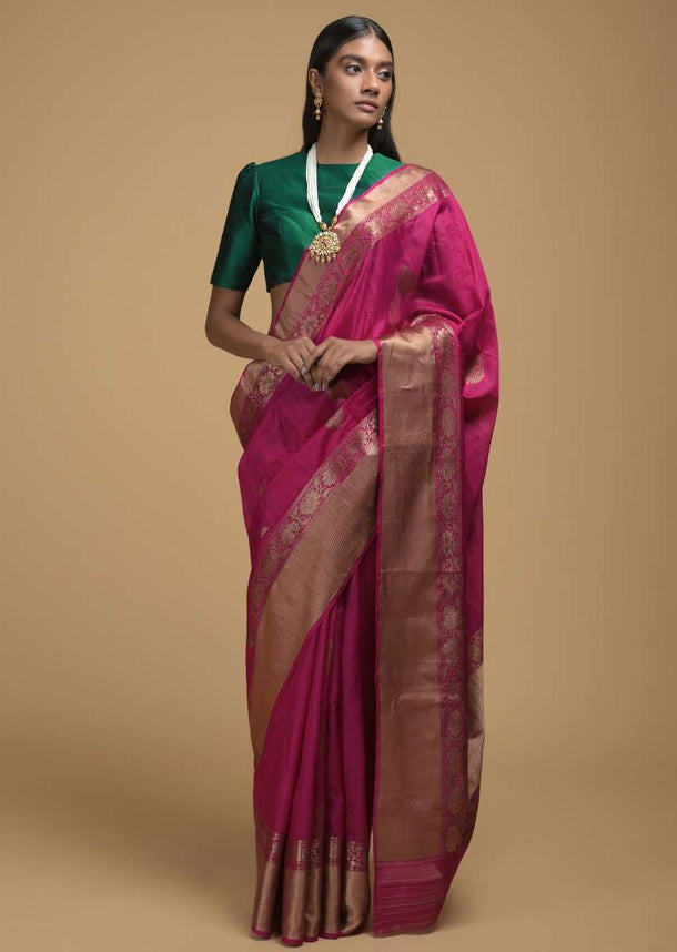 Magenta Pink Pure Handloom Saree In Tussar Silk With Woven Floral Buttis And Border Online - Kalki Fashion