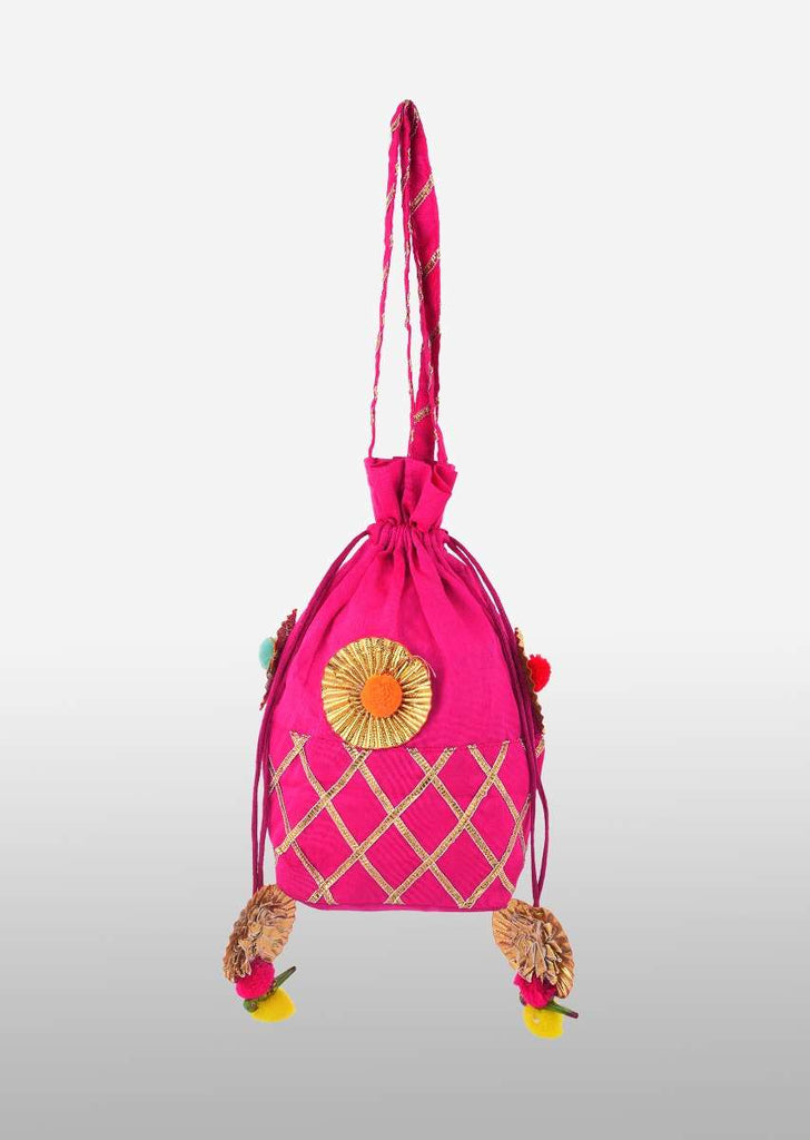 Magenta Potli Bag In Raw Silk With Gotta Lace Checks And Pom Poms