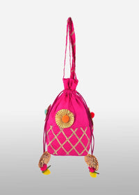 Magenta Potli Bag In Raw Silk With Gotta Lace Checks And Pom Poms