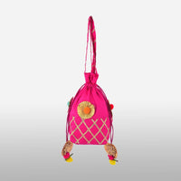 Magenta Potli Bag In Raw Silk With Gotta Lace Checks And Pom Poms