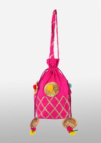 Magenta Potli Bag In Raw Silk With Gotta Lace Checks And Pom Poms