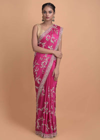 Magenta Saree In Satin With Embellished Floral Pattern Online - Kalki Fashion