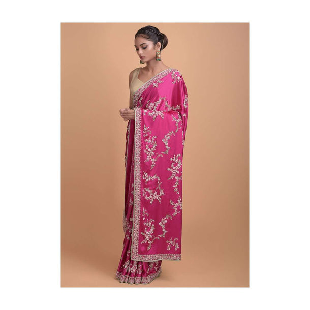 Magenta Saree In Satin With Embellished Floral Pattern Online - Kalki Fashion