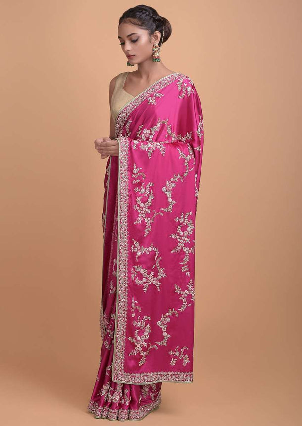 Magenta Saree In Satin With Embellished Floral Pattern Online - Kalki Fashion